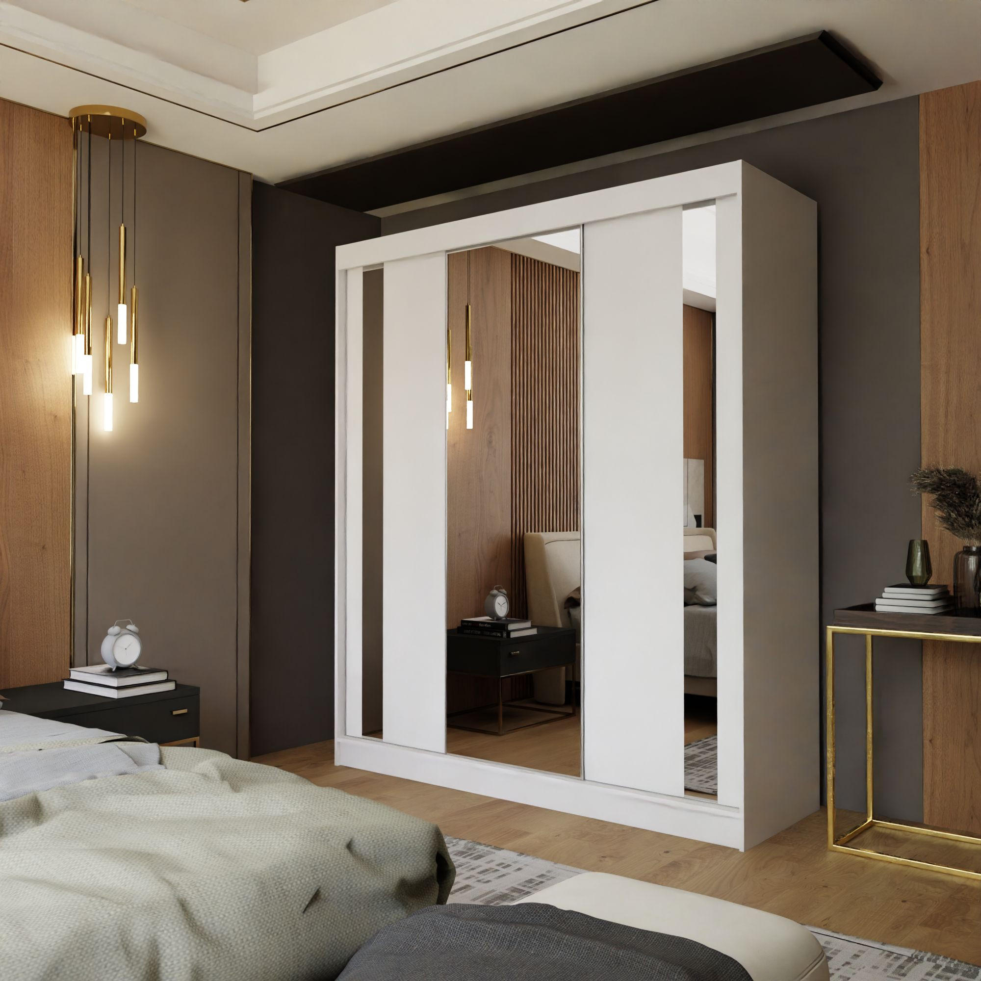 SCHWEBETÜRENSCHRANK GRAZIA 180/216/61 cm 3-türig mit Spiegel Weiß - Weiß, Holzwerkstoff (180/216/61cm) - MASSENO