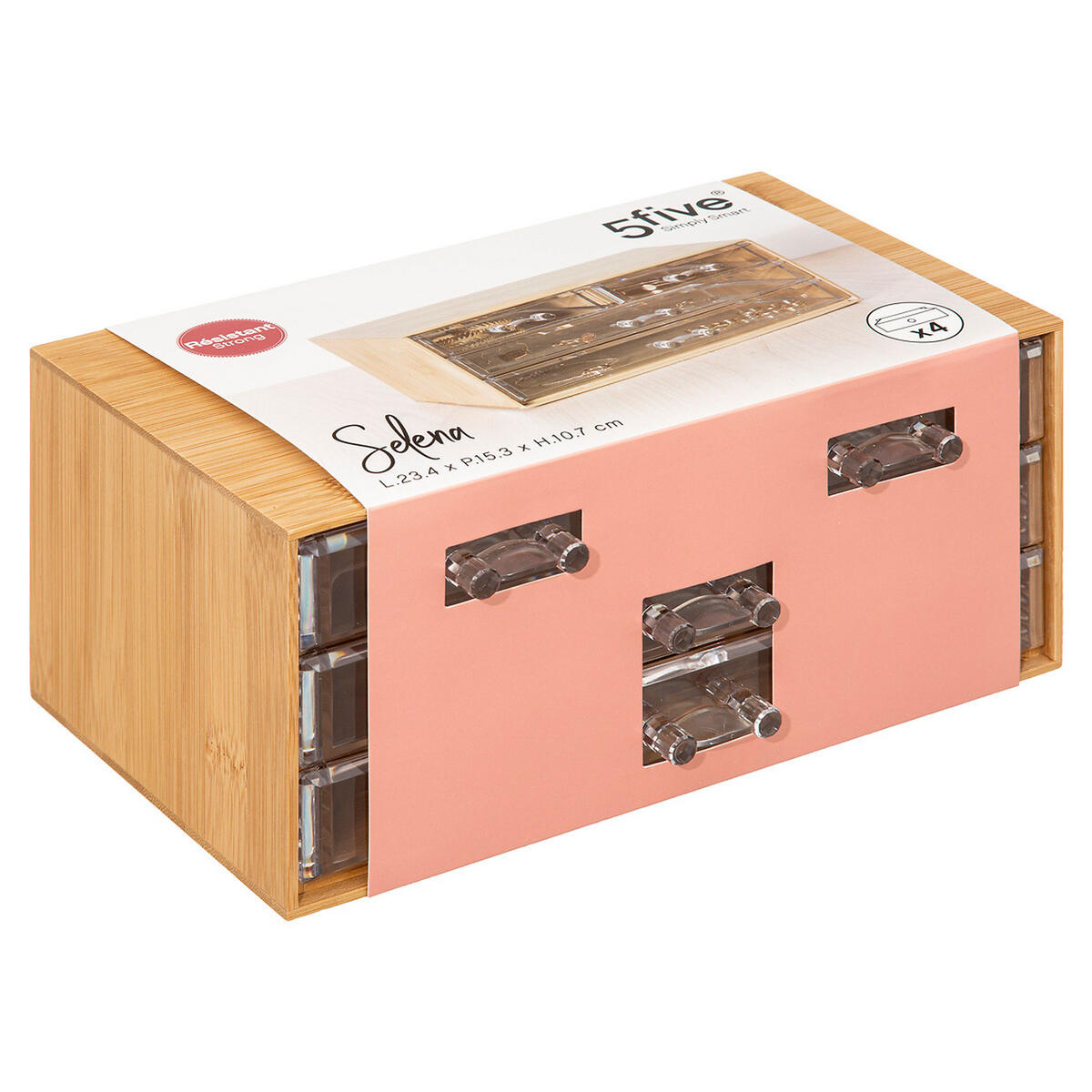 SCHMUCKBOX Selena mit 4 Schubladen, Bambus, Kunststoff, 23 x 15 x 10 - Beige, Holz (10.35/15.3/24cm) - 5five Simply Smart