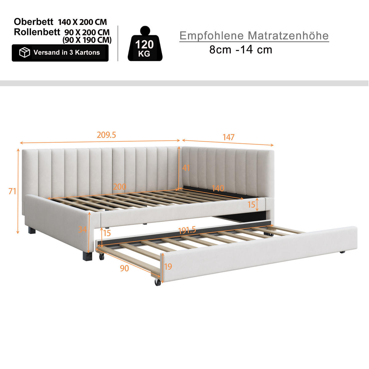 POLSTERBETT 140/200 cm mit ausziehbarem Bett und Kopfteil Samt Beige - Beige, Leder (140/200cm) - OKWISH