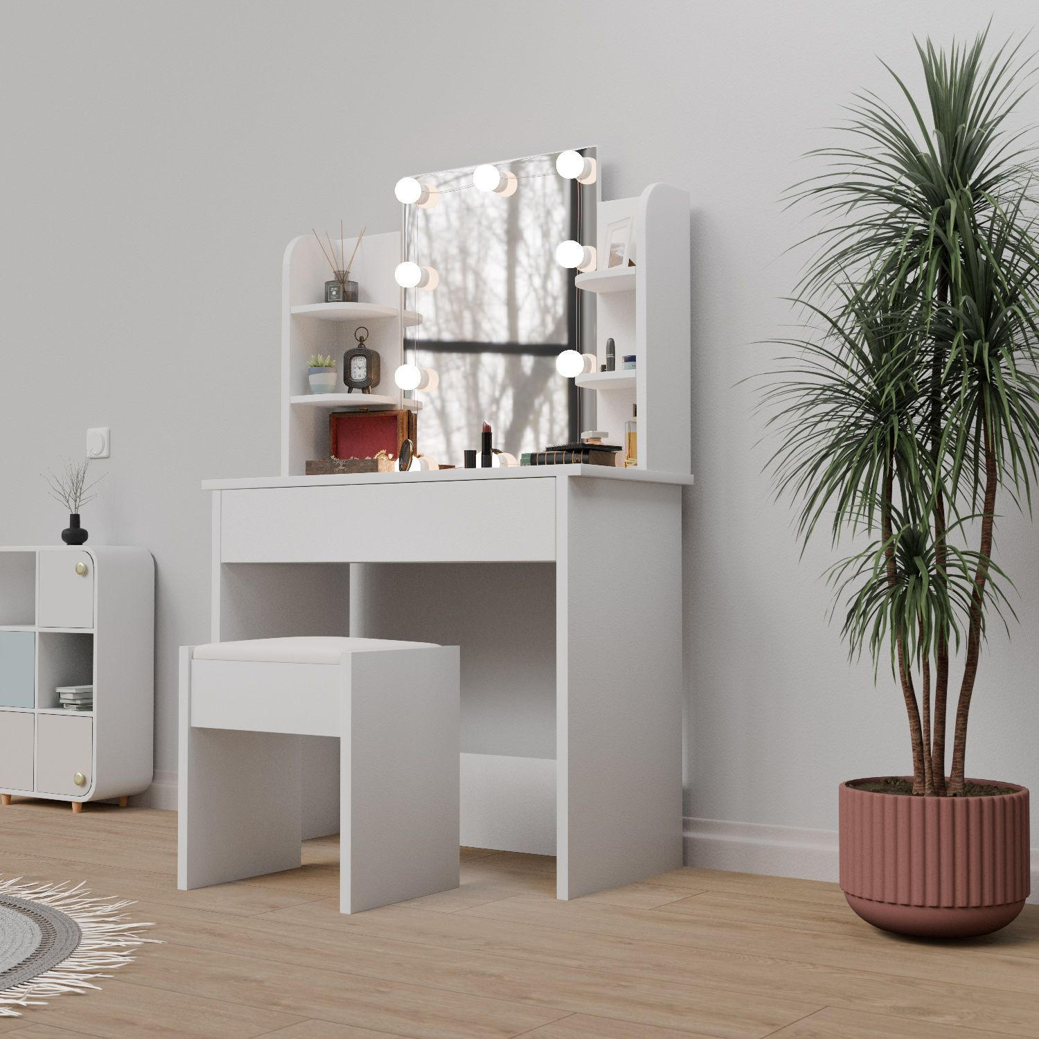 SCHMINKTISCH Zoey LED-Beleuchtung & Hocker Melly - Weiß, Holz (40/140/90cm) - Juskys