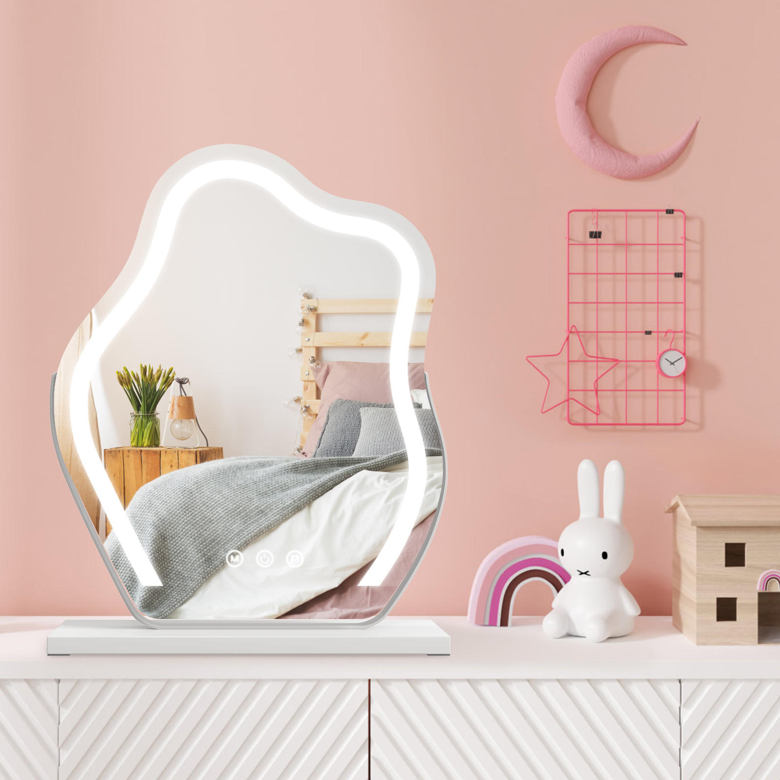 KOSMETIKSPIEGEL Unregelmäßige Form mit Beleuchtung, Weiß, 58,2/45 cm - Weiß, Glas (45/12/58.2cm) - EMKE