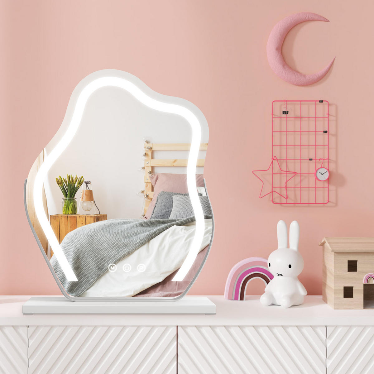 KOSMETIKSPIEGEL Unregelmäßige Form mit Beleuchtung, Weiß, 58,2/45 cm - Weiß, Glas (45/12/58.2cm) - EMKE