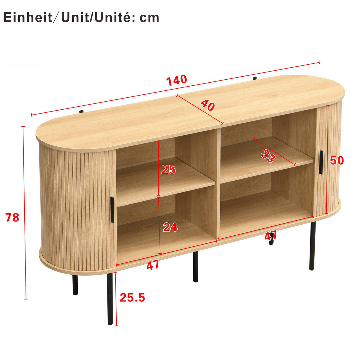 KOMMODE 140/40/78 cm aus MDF mit Rolljalousie-Türen Natur - Naturfarben, Holzwerkstoff (140/78/40cm) - Modenvie