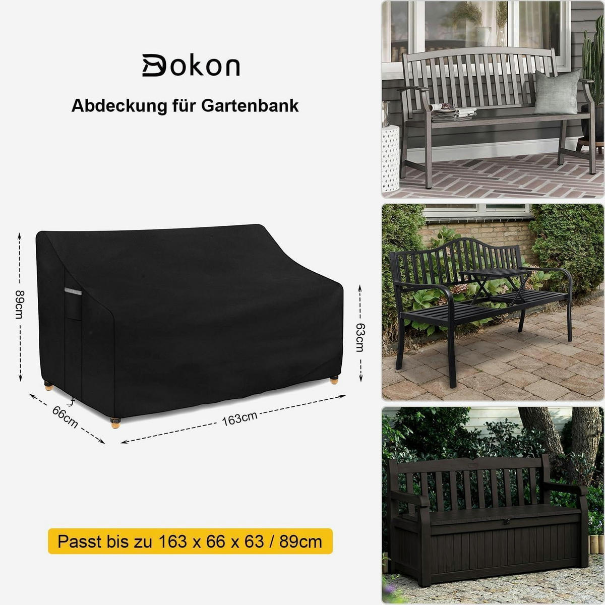 ABDECKHAUBE Gartenbank 3-Sitzer wasserdicht 163x66x63/89 cm 420D Oxford - Schwarz, Textil (165/67/65cm)