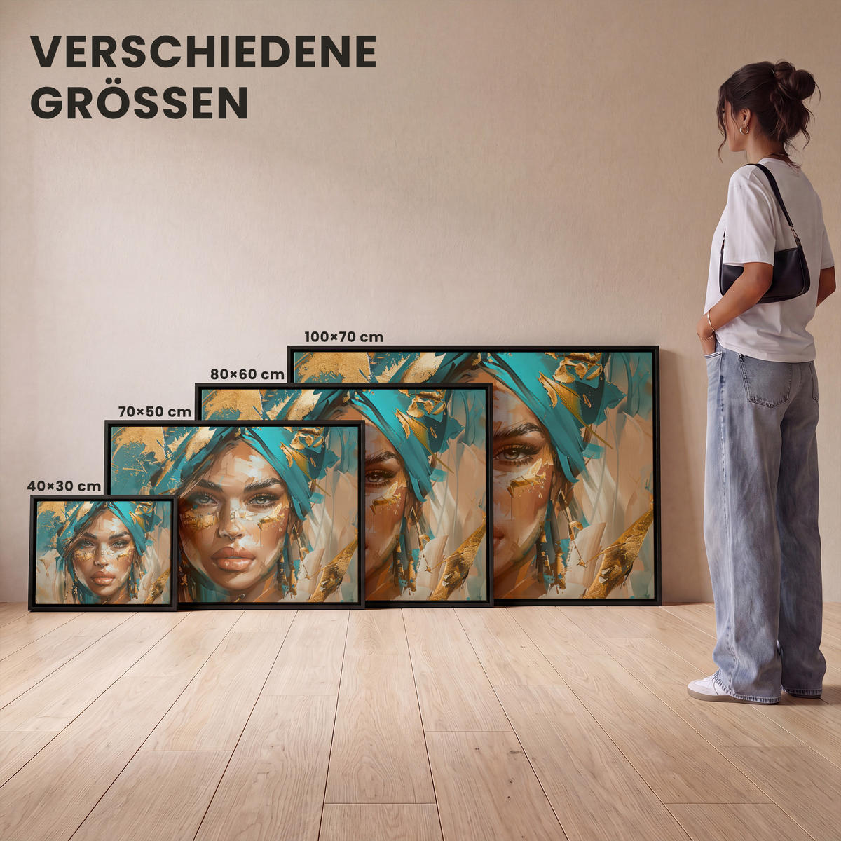 LEINWAND Bilder mit Rahmen - Frau - Porträt - Gold - Luxus - Blau - 100x70 - Türkis, Textil (100/70cm) - MuchoWow
