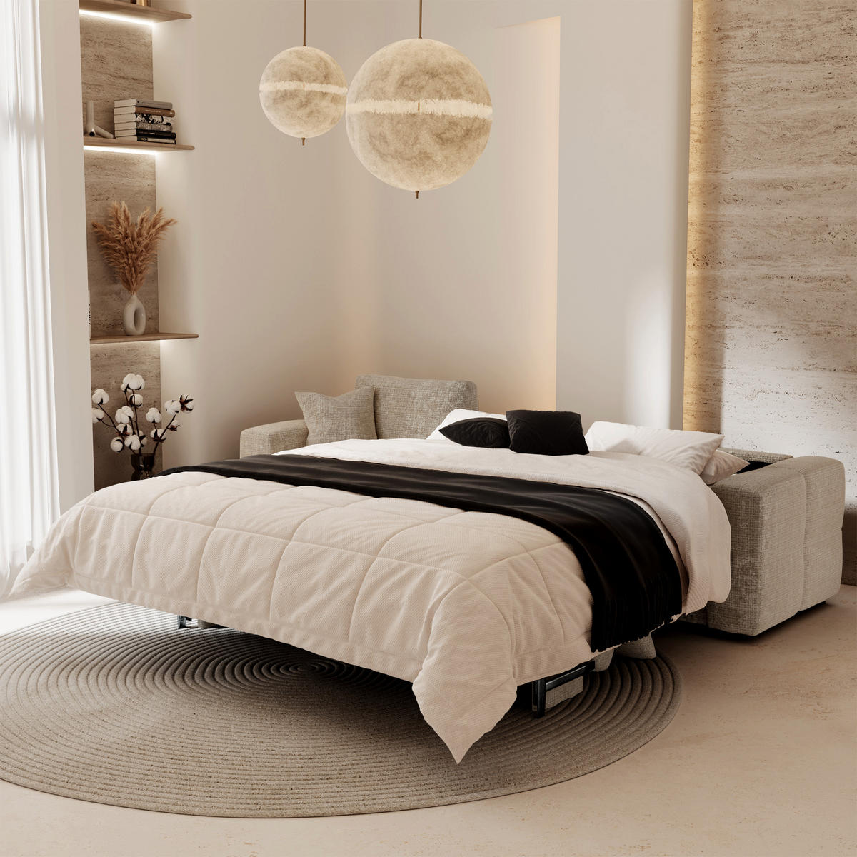 SCHLAFSOFA Express VIBE Geprägter Samt Beige 286cm - Beige, Textil (286/165cm) - Premium Interiors