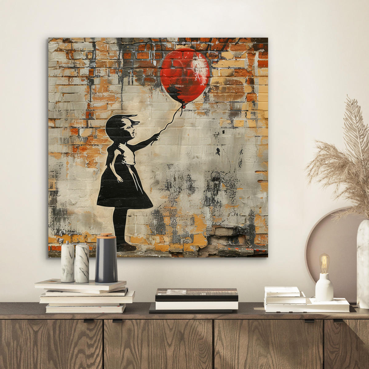 KOVOVÝ OBRAZ Graffiti - Banksy - Dievča - Street art 50x50 cm - piesková, kov (50/50cm) - MuchoWow