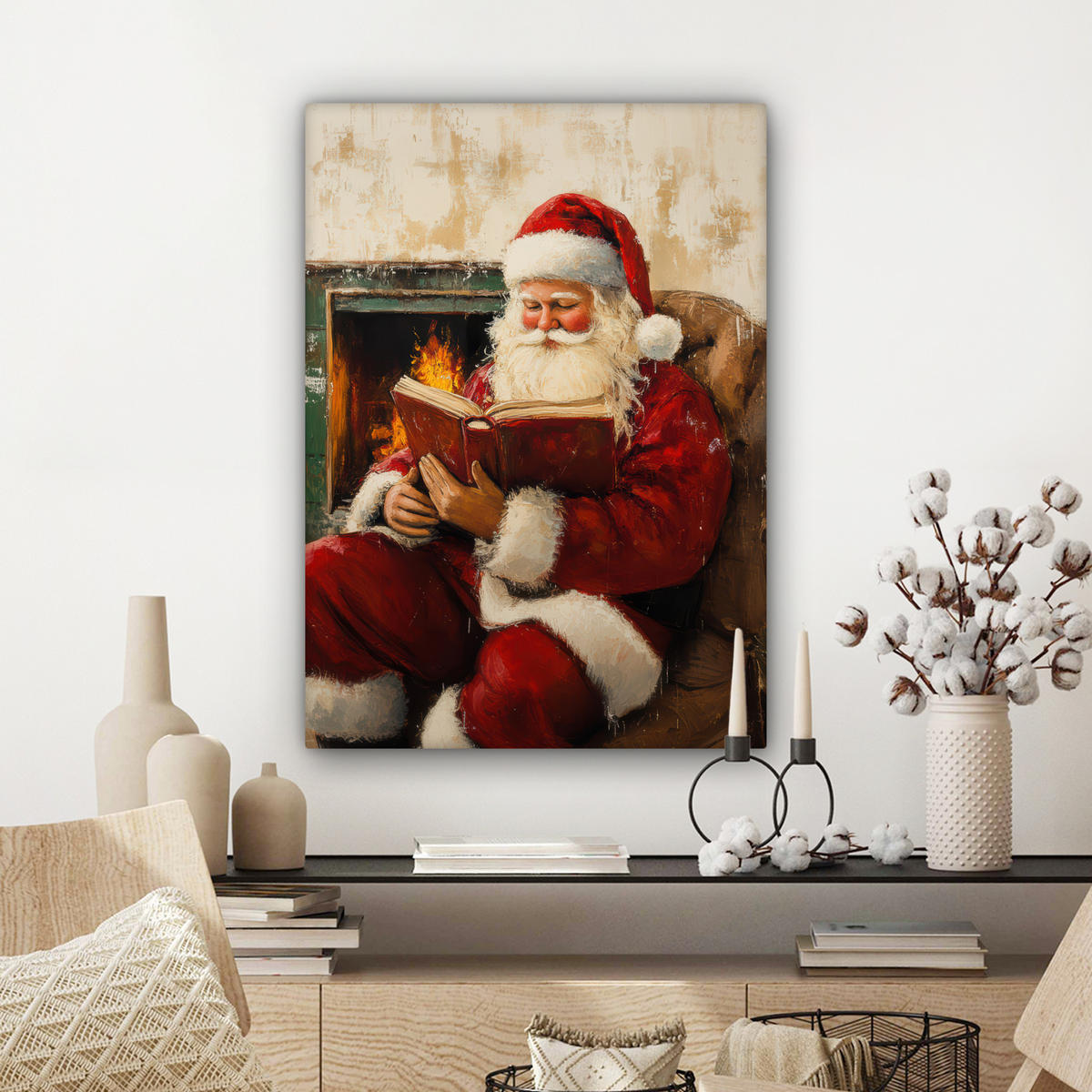 LEINWANDBILD Weihnachten - Weihnachtsmann - Winter - Open Fireside 60x80 cm - Dunkelrot, Textil (60/80cm) - MuchoWow