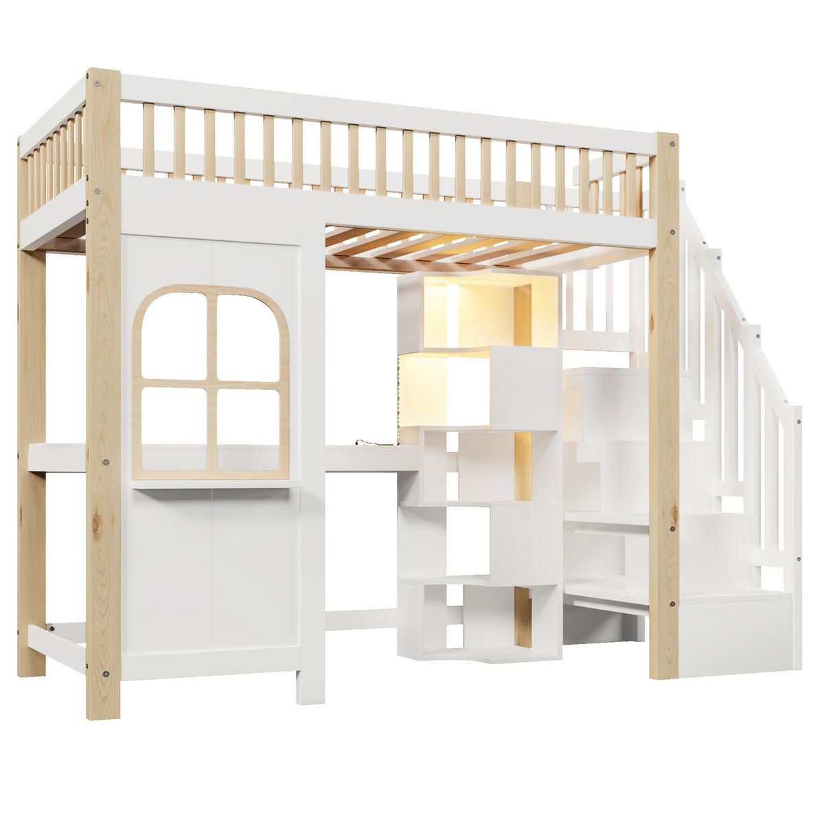HOCHBETT 90/200 cm in Weiß & Natur mit LED, Ablageleiter und Schreibtisch - Weiß/Naturfarben, Holz/Holzwerkstoff (90/200cm) - STILVORA