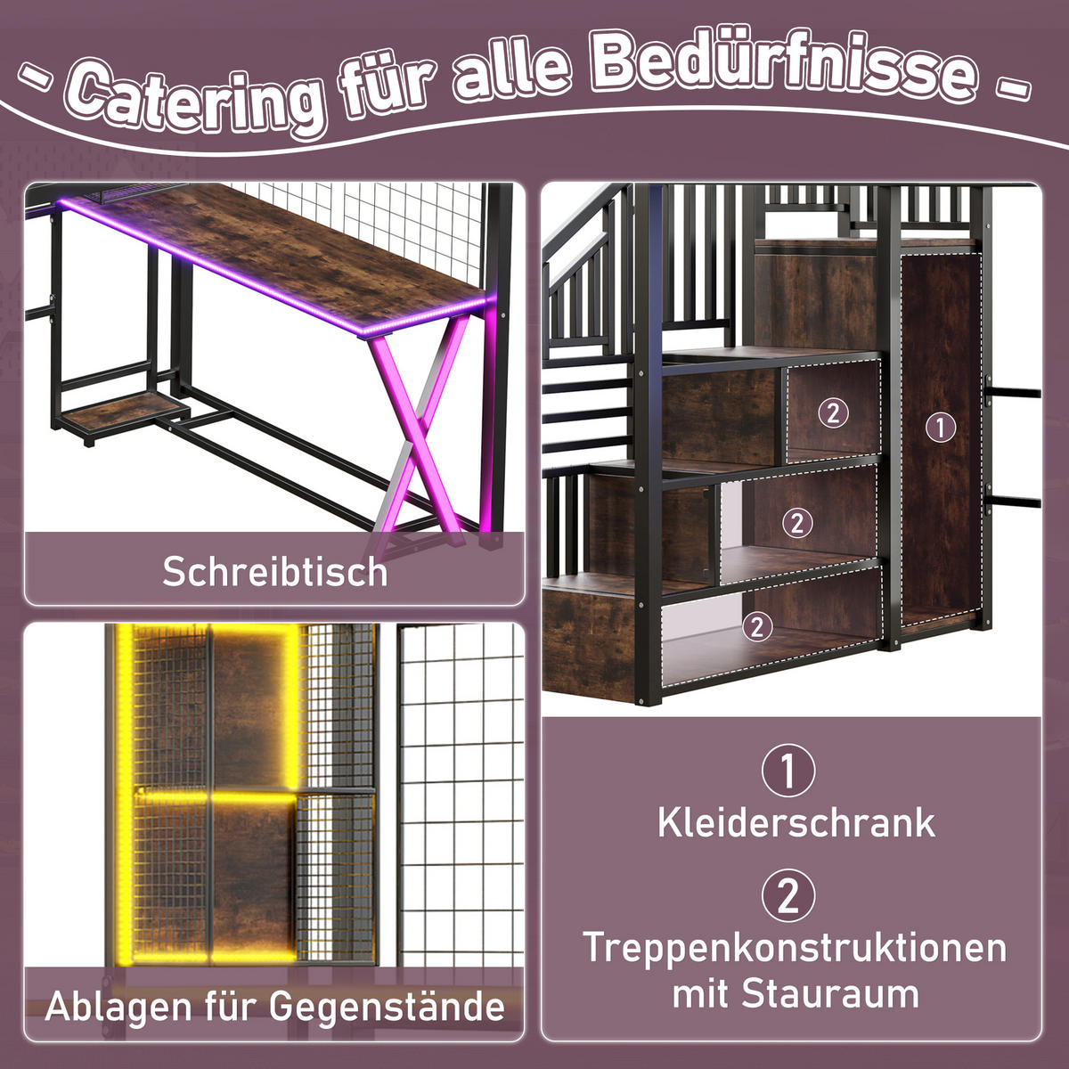 HOCHBETT 140/200 cm in Schwarz mit Ablageleiter, Schreibtisch, Kleiderschrank, Regalen und LED - Schwarz, Holzwerkstoff/Metall (140/200cm) - STILVORA
