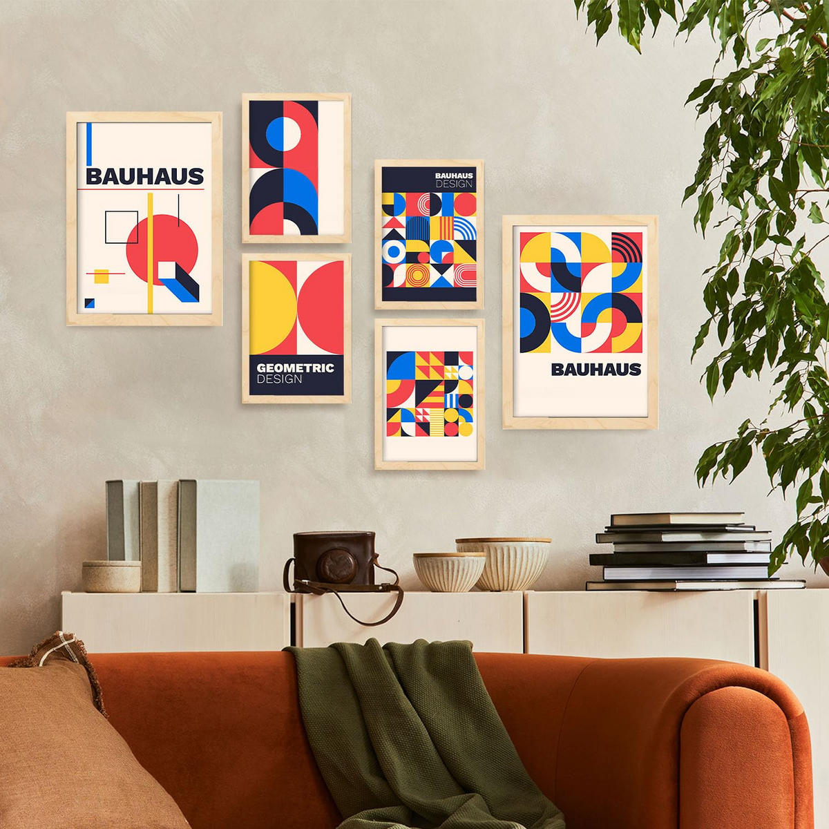 POSTER Set Mit 6 Drucken Im Bauhaus 2 Geometrische Designkollektion Drucke Mit Ästhetische Dekorative Für Zuhause A3 & A4 Rahmen Aus Hellem Holz - Beige, Papier (29/3cm) - Nacnic