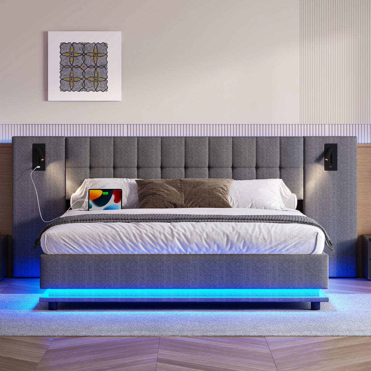 POLSTERBETT aus Leinen und MDF 180x200 cm Grau mit LED-Leiste, Lesespot und USB-Anschluss - Grau, Textil (180/200cm) - IVMEU