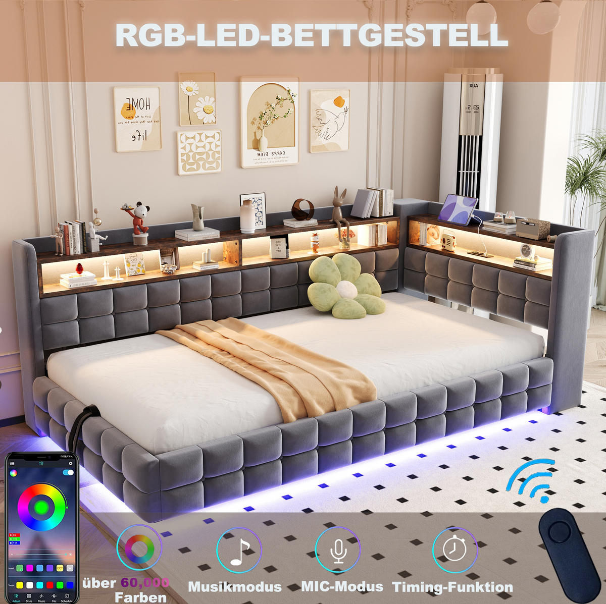 ČALOUNĚNÁ postel 90/200 cm s hydraulickým úložným prostorem, LED, USB, Typ-C a policemi, samet, Šedá - šedá, textil (90/200cm) - Redom