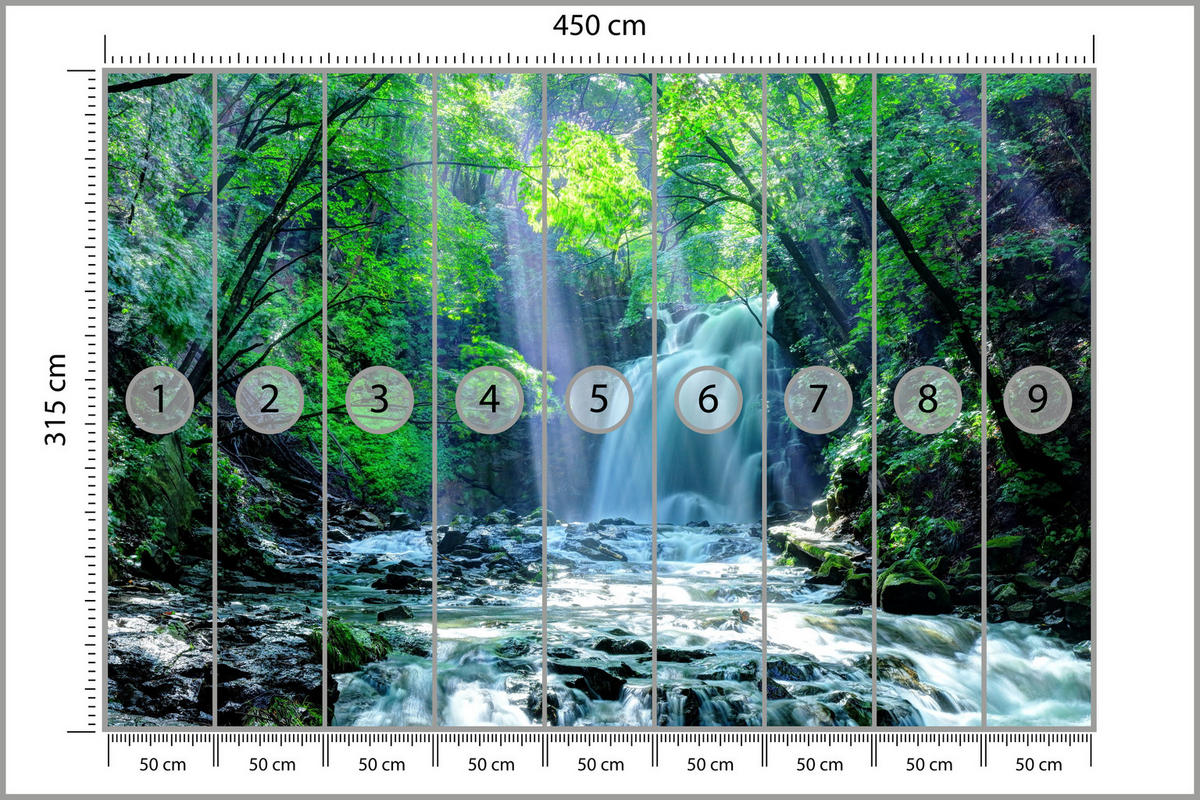 FOTOTAPETA Pre Spálňu Vodopád Les Skaly Stromy Rastliny 450 x 315 cm - modrá/sivá, papier (450/315cm) - Muralo