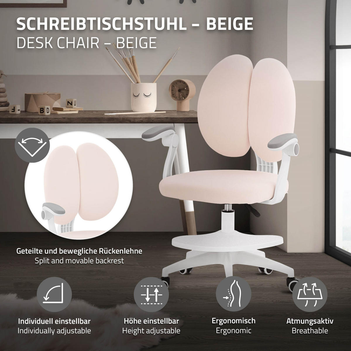 DĚTSKÁ ŽIDLE K PSACÍMU STOLU, béžová, 95–107 cm, z polyesteru - bílá/béžová, textil/plast (53/107/53cm) - ML-DESIGN