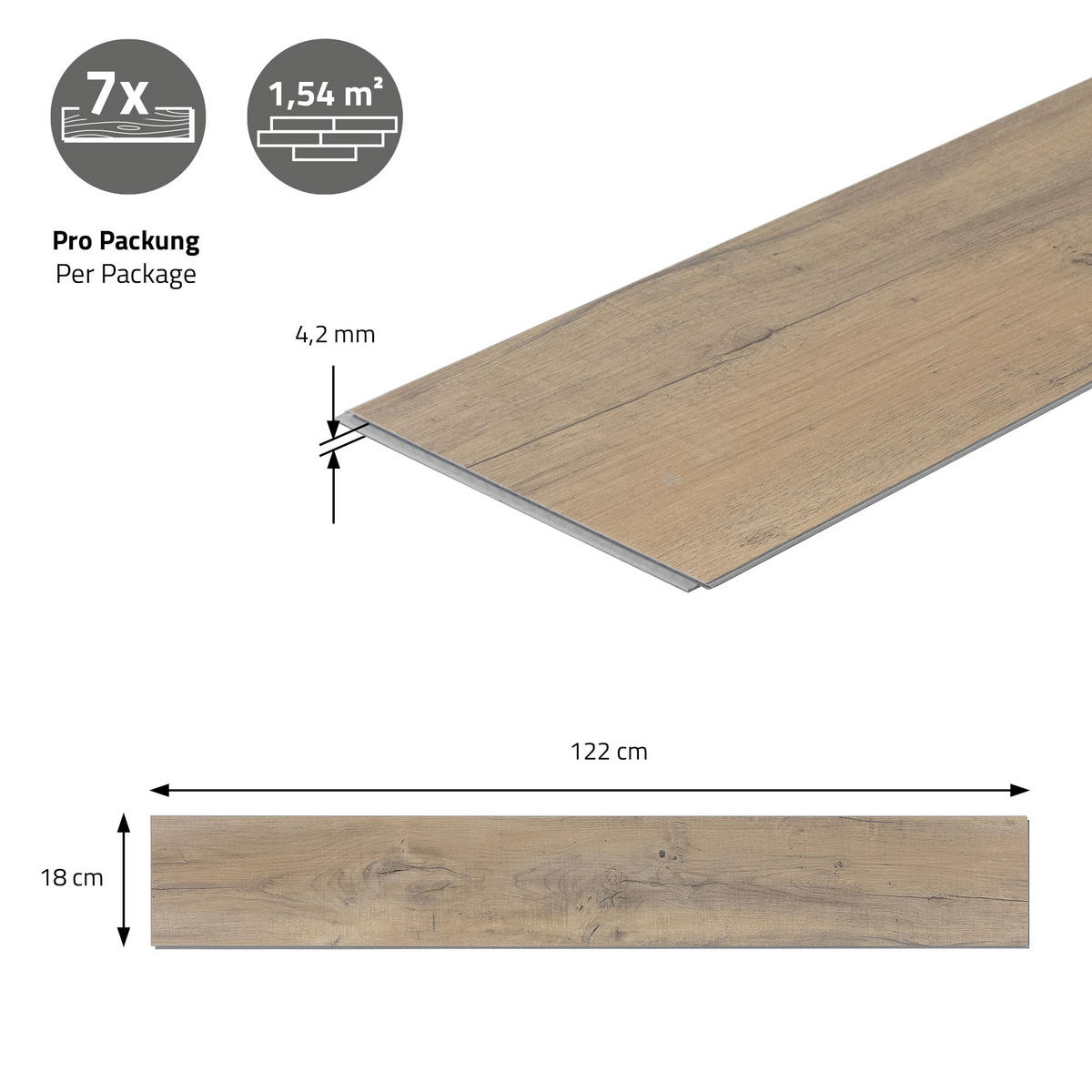 VINYLOVÁ PODLAHA s klikovým systémem 1,54 m²/7 lamel, PVC podlahová krytina, dub rustikální světlý, vzhled dřeva - barva dubu, plast/umělá hmota (122/18/0.42cm) - ML-DESIGN