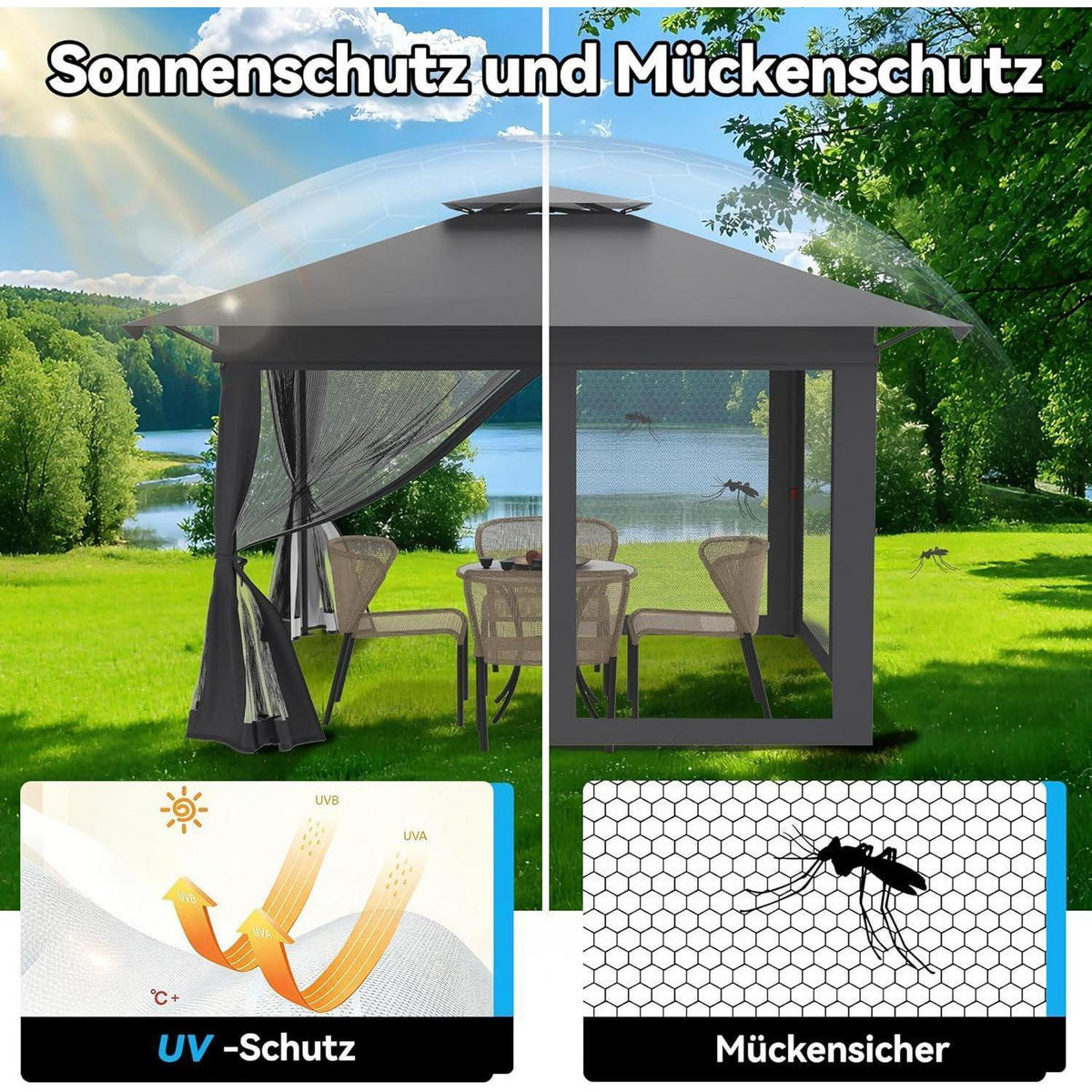GARTENPAVILLON 400 x 400 cm Anthrazit Höhenverstellbar mit Moskitonetz - Anthrazit, Metall (300/285/400cm)