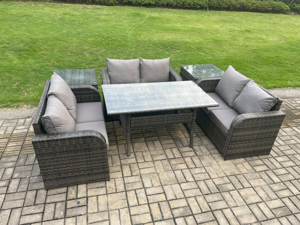 SITZGRUPPE mit Esstisch,Zweisitzer,Beistelltisch Hocker Polyrattan 6-Sitzer - Dunkelgrau/Grau, Glas/Kunststoff - Fimous