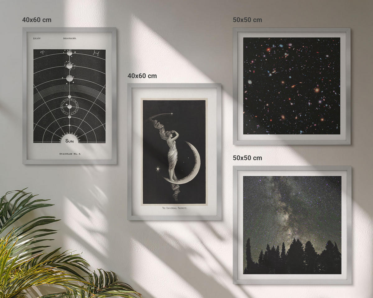 WANDBILDER 4er Set - 50x50 cm & 40x60 cm Silberner Rahmen - Galaxie im Sonnensystem - Silberfarben, Kunststoff (50/50cm) - ArtPrintCave