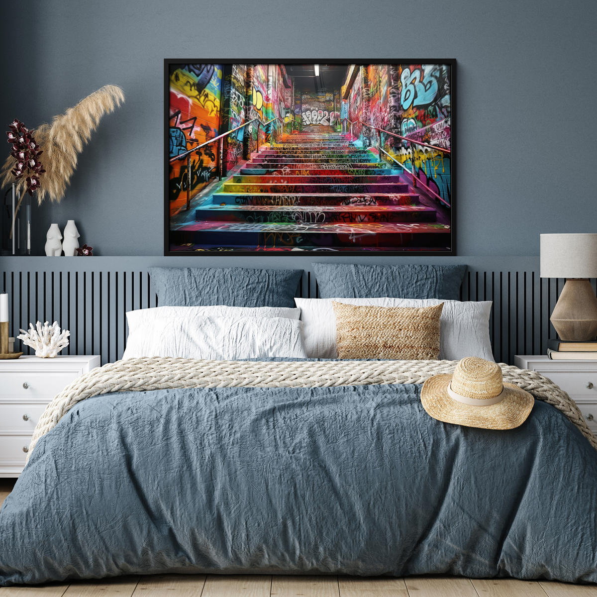 POSTER MIT RAHMEN Treppe - Graffiti - Farben - Kunst 120x80 cm - Multicolor, Papier (120/80cm) - MuchoWow