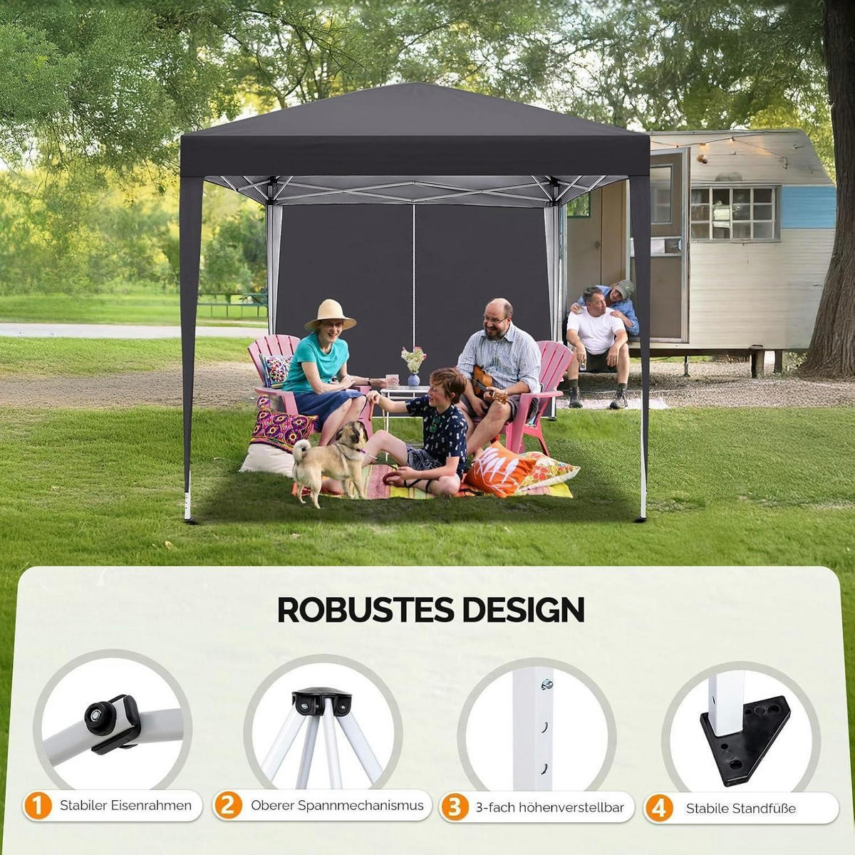 FALTPAVILLON 3x3m mit 4 Seitenteilen, höhenverstellbar in anthrazit - Anthrazit, Metall (300/260/300cm)