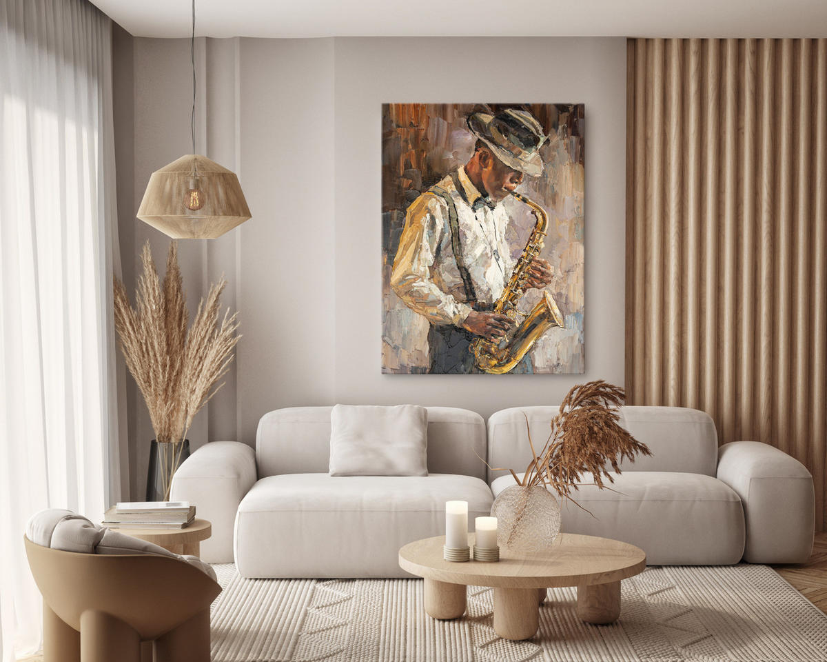 LEINWANDBILD Saxophonist Malerei Retro Stil 80/120 cm - Beige/Schwarz, Textil (80/120cm) - Muralo