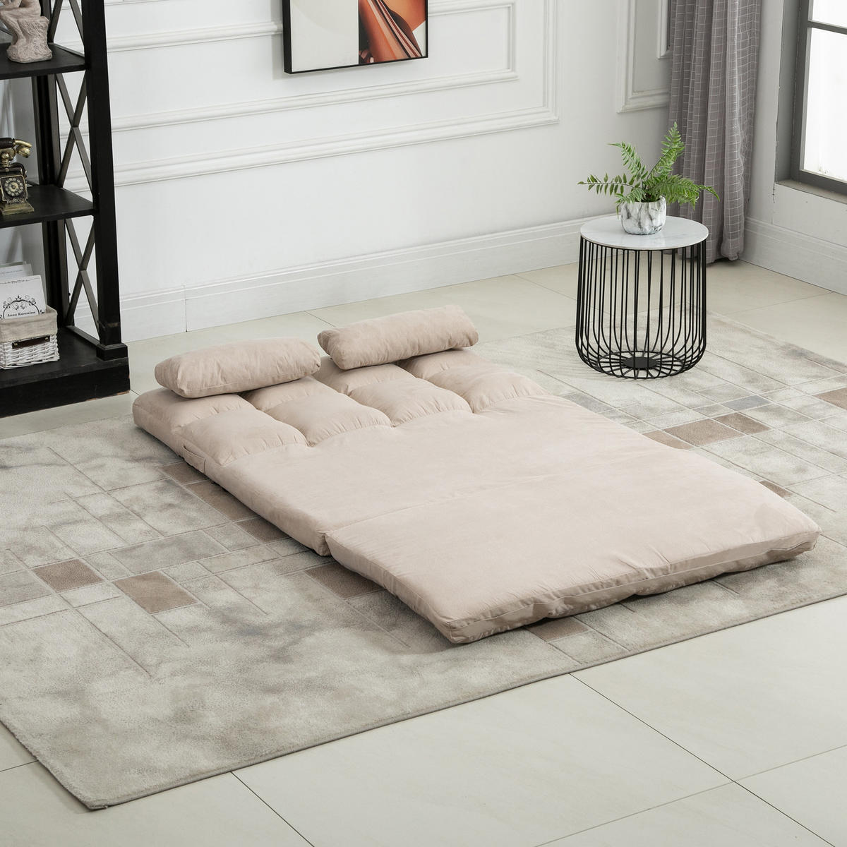 BODENSTUHL 2-in-1 Bodensessel Bett mit Rückenlehne 3 Positionen Verstellbar - Beige, Textil/Metall (73/60/102cm) - HOMCOM