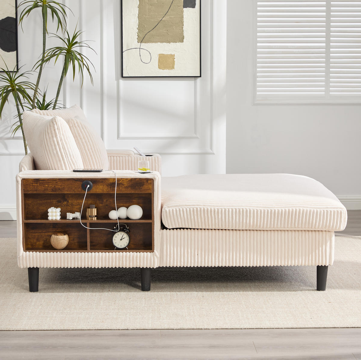 CHAISELONGUE mit Stauraum und USB 129 x 170 cm Cord Beige - Beige, Holz (170/70/129cm) - Meubliv