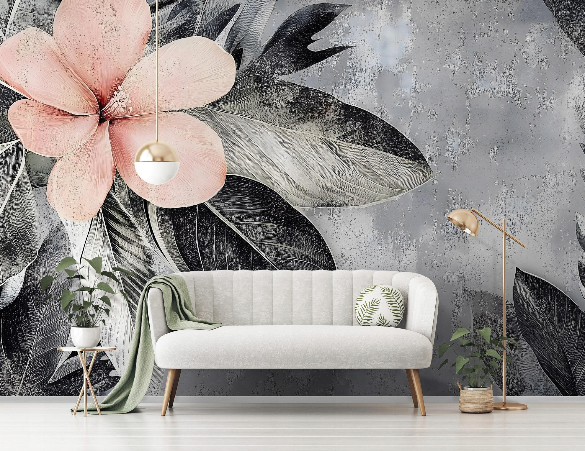 FOTOTAPETE Blumen Beton Blätter Vintage Schlafzimmer 150x105 - Grau, Papier (150/105cm) - Wallarena