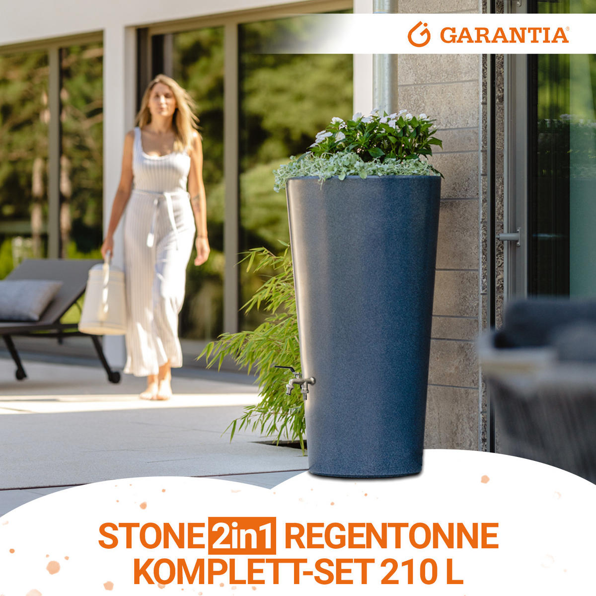 2IN1 Regentonne Komplett-Set 210 L, lava inkl. Chrom-Doppelauslaufhahn und Fallrohranschluss - Grau, Kunststoff (58/110/60cm) - GARANTIA