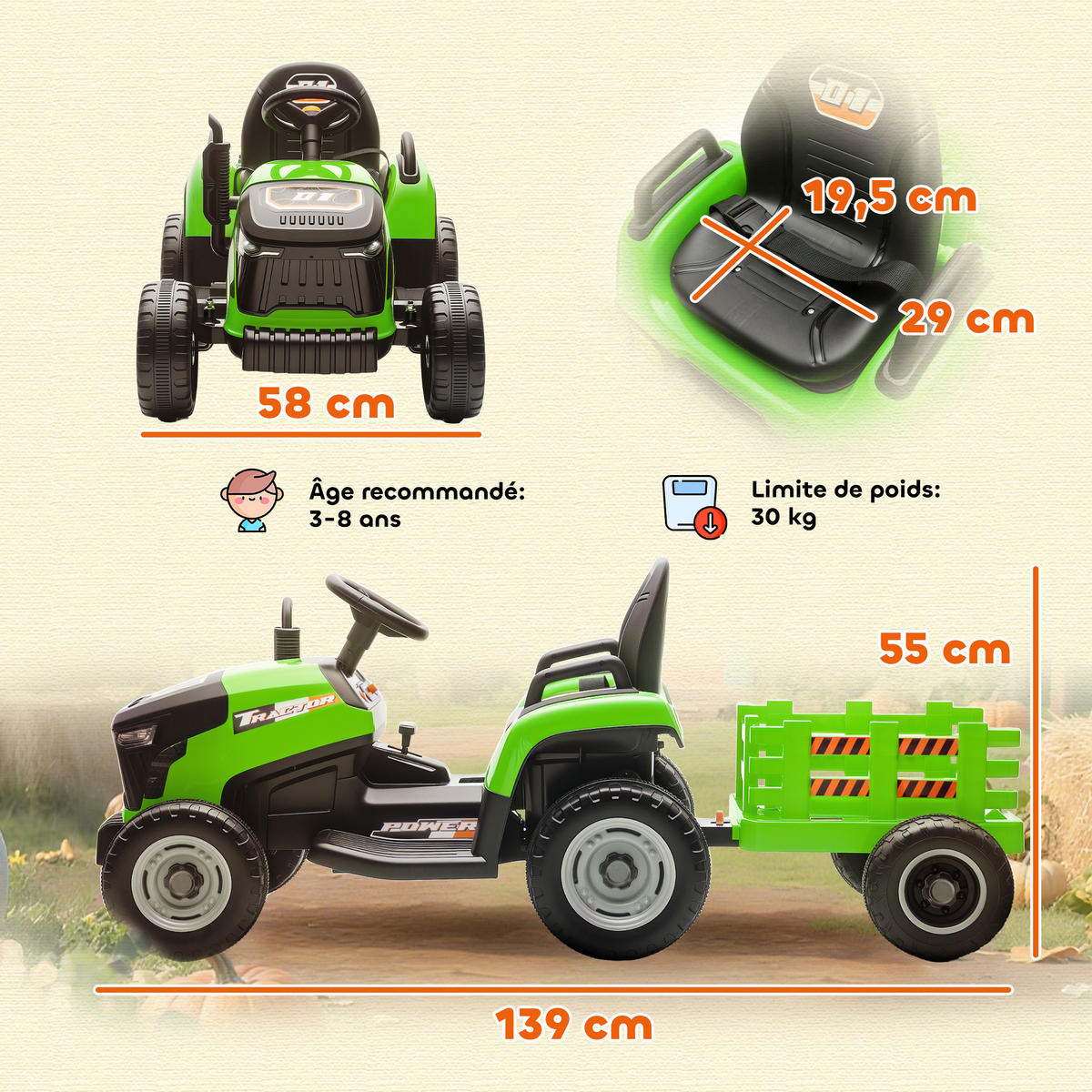 TRAKTOR DE-13078 abnehmbarer Anhänger Grün - Grün, Kunststoff (139/58/55cm) - ComfortXL