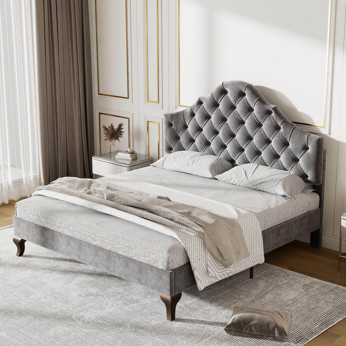 POLSTERBETT 140/200 cm mit Lattenrost und gepolstertem Kopfteil aus Samt, Grau - Grau, Textil (140/200cm) - Redom