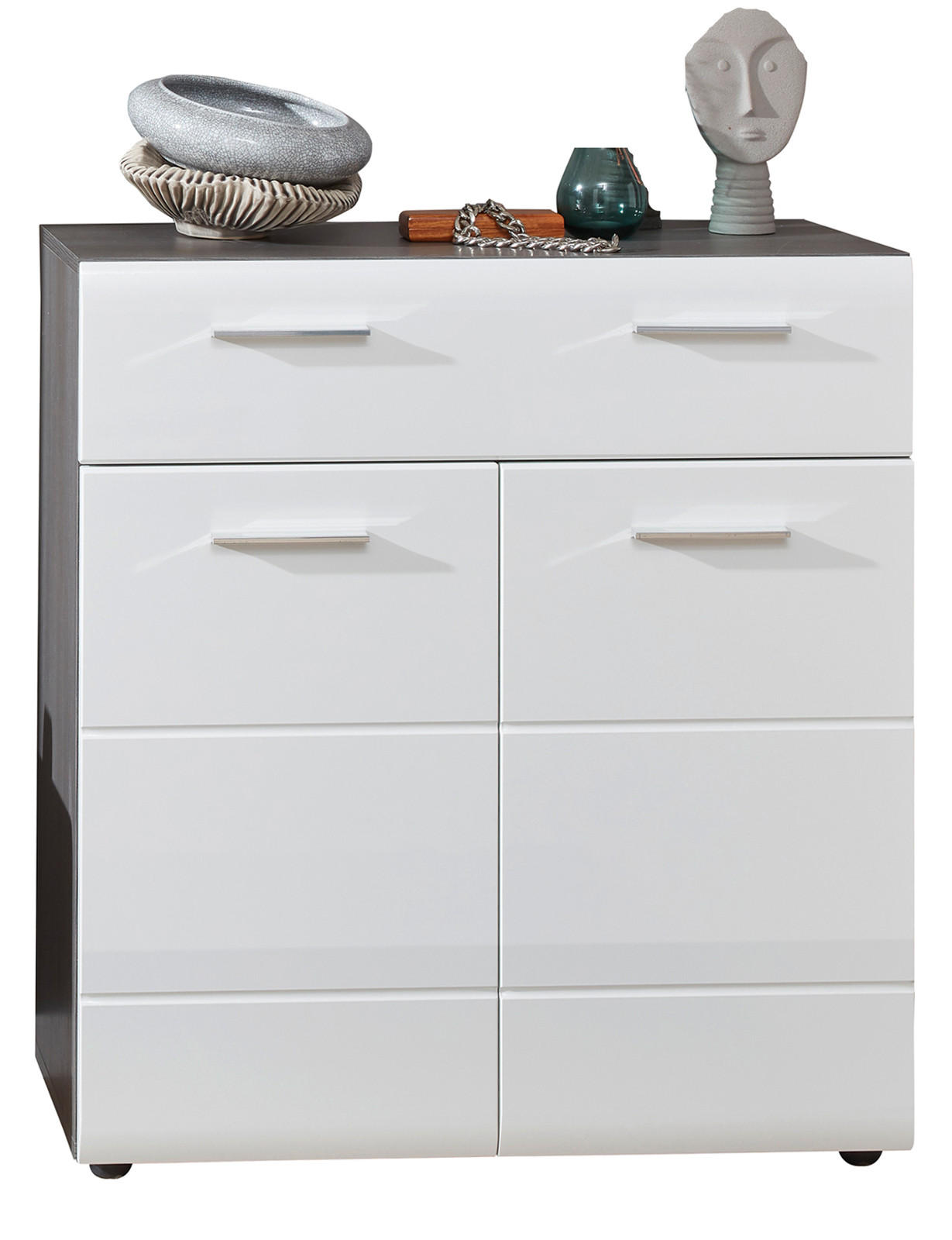 SCHUHKOMMODE Hochglanz weiß, Sardegna grau 80 x 87 cm, Flurkommode 2-türig - Weiß Hochglanz/Silberfarben, Holzwerkstoff/Kunststoff (80/87/35cm) - Top.Furn