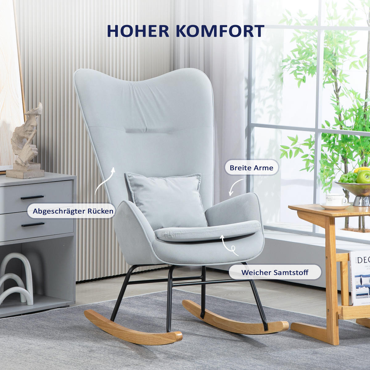 SCHAUKELSTUHL Schwingsessel Armlehnsessel mit Samtoptik für Schlafzimmer - Hellgrau, Kunststoff (85/112/67cm) - HOMCOM