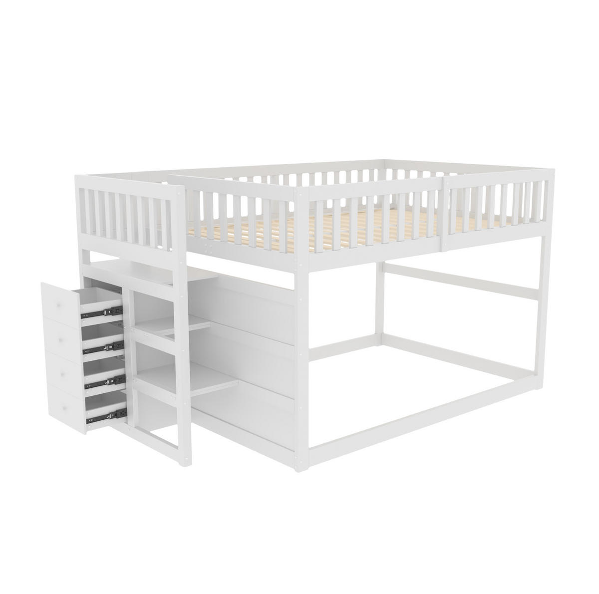 ETAGENBETT Niedriges 140/200 cm weiß mit Staufach und hohem Zaun-Design - Weiß, Holz (140/200cm) - OKWISH