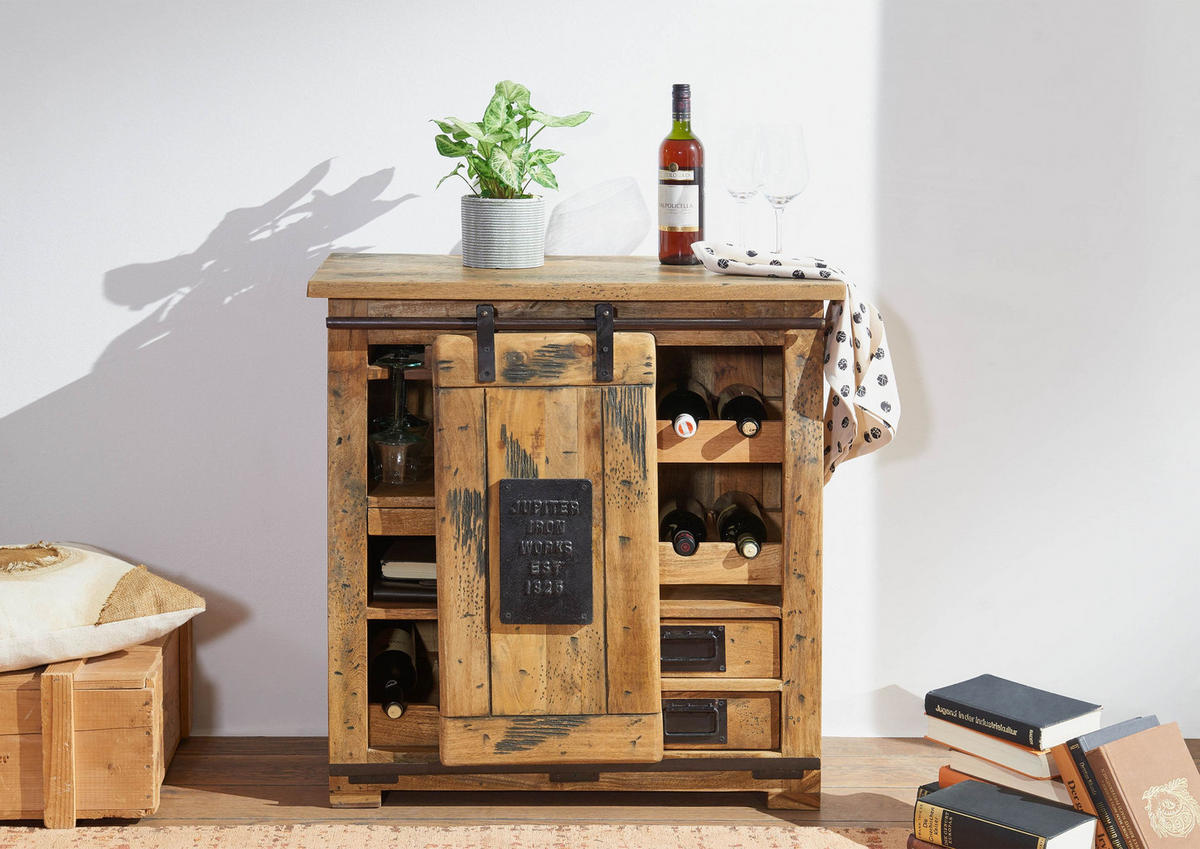WEINKOMMODE Mango 80x40x82 natur lackiert RAILWAY #140 - Braun, Holz (80/82/40cm) - Massivmoebel24