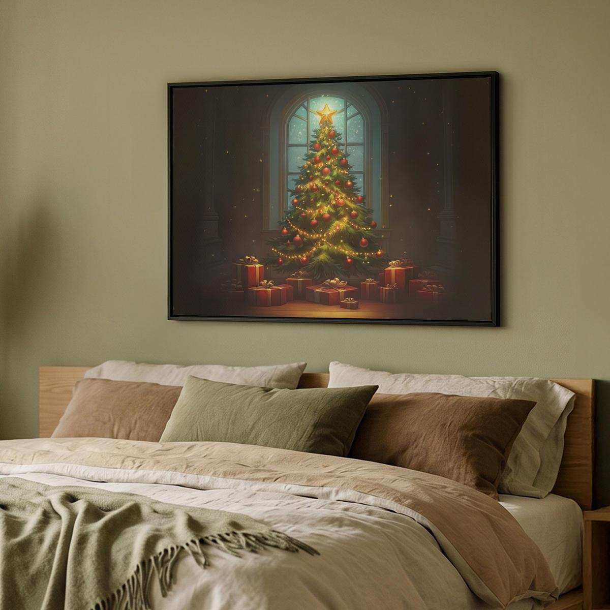 LEINWAND Bilder mit Rahmen - Weihnachtsbaum - Geschenk - Winter - 100x70 - Grün, Textil (100/70cm) - MuchoWow
