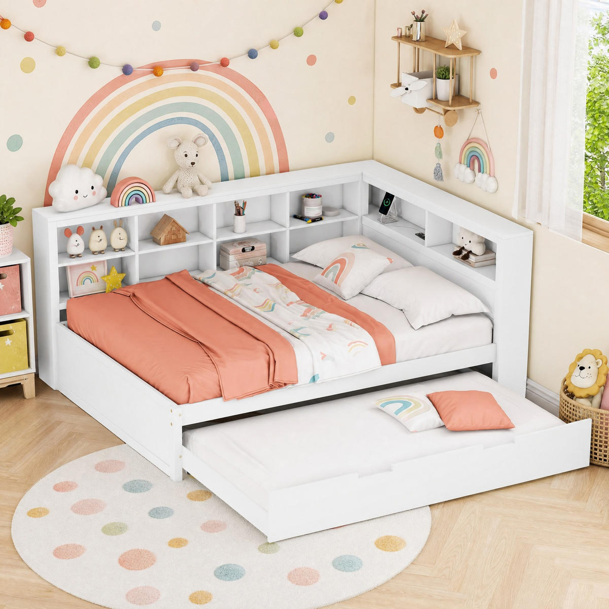 JUGENDBETT 140/200+90/190 mit USB-Steckdose und Ablagefächern aus Massivholz in Weiß - Weiß, Holzwerkstoff (140/200cm) - EVRYAE
