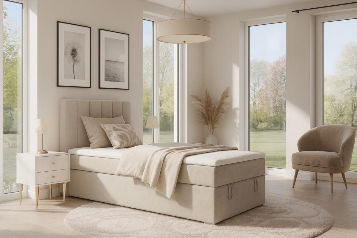 BOXBETT DAVID MINI 100/200 in Velours Ecru H4 - Ecru, Holz/Holzwerkstoff (100/200cm) - Deine Möbel 24