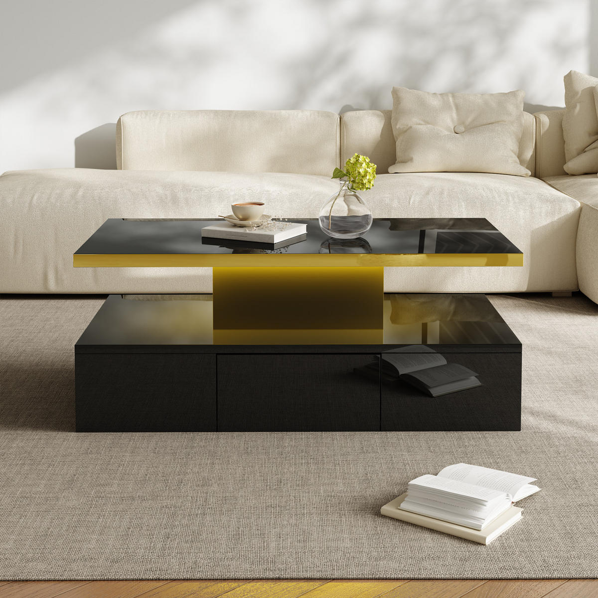COUCHTISCH Schwarz mit LED, Schubladen und 2 Ablagen - Schwarz, Metall (100/50/38cm)