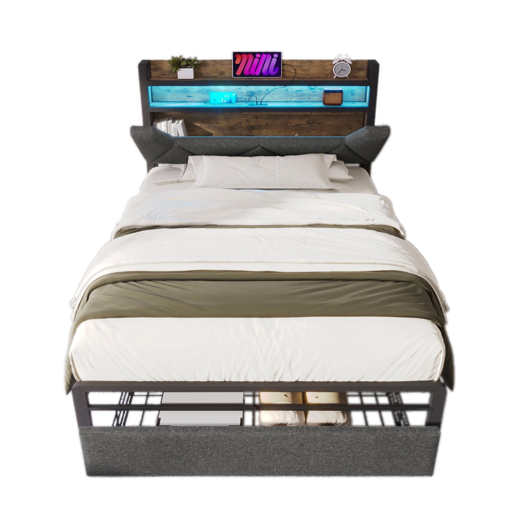 POLSTERBETT 90/200 cm mit LED, USB-C, Stauraum-Kopfteil, Schublade und Matratze, Grau - Grau, Textil (90/200cm) - Redom