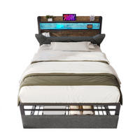 POLSTERBETT 90/200 cm mit LED, USB-C, Stauraum-Kopfteil, Schublade und Matratze, Grau - Grau, Textil (90/200cm) - Redom