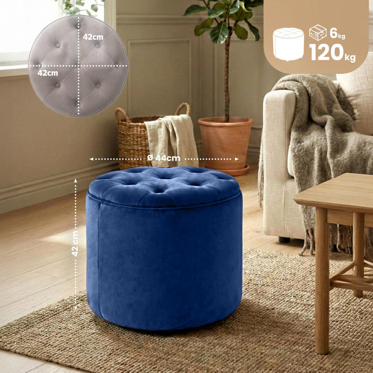 SITZWÜRFEL Samt Blau - Blau/Schwarz, Kunststoff/Textil (44/42/44cm) - CLP