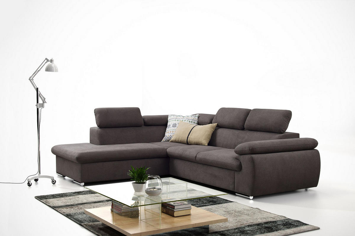 ECKSOFA SACRO Braun Plüsch-Stoff mit Schlaffunktion - Braun, Holz (271/221cm) - MASSENO