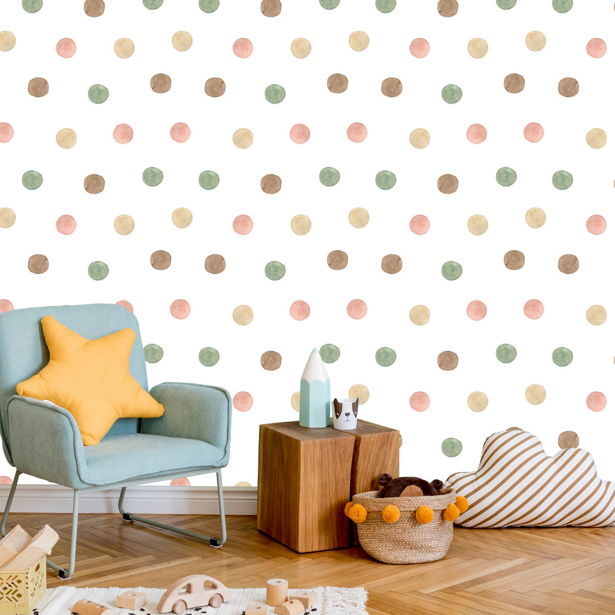 VLIESTAPETE Aquarellpunkte im Boho-Stil – Grün, Rosa, Beige, Weiß – 50x1000 cm - Beige/Rosa, Papier (50/1000cm) - Muralo