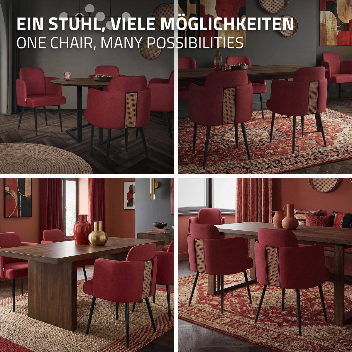 ESSZIMMERSTÜHLE 4er Set Rot mit Stoffbezug Rattan Optik - Rot/Schwarz, Textil/Metall (59/86/59cm) - ML-DESIGN