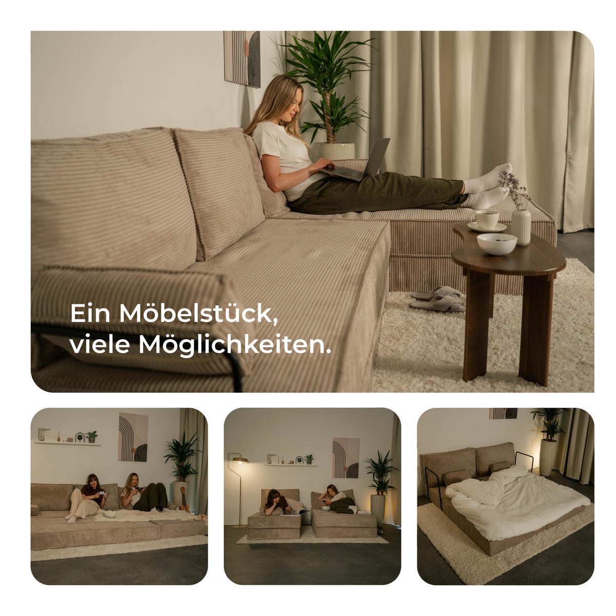 ECKSOFA ANKO modulares Boneless Sofa mit Schlaffunktion Grau Kordstoff - Grau, Textil (270/160cm) - MASSENO