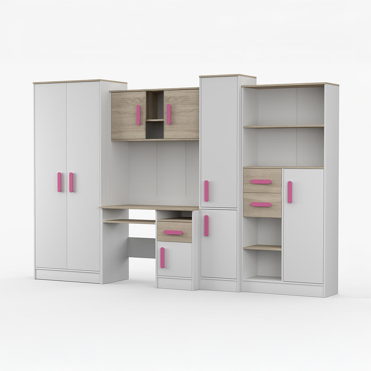 WOHNWAND Markus Weiß Sonoma Eiche mit griffenfarbe: Rosa - Weiß/Rosa, Holzwerkstoff (300/197/52cm) - imoebel24