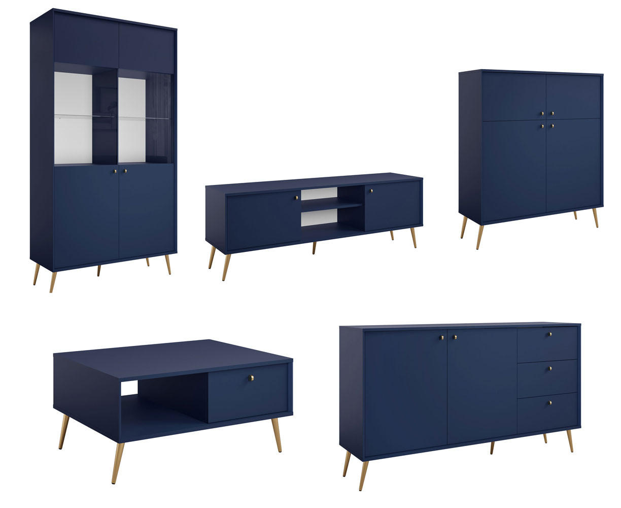 WOHNZIMMER SET 5-TEILIG Rose marineblau 522,5 / 66 / 191cm - Blau/Goldfarben, Holzwerkstoff/Metall (523/191/66cm) - Feldmann-Wohnen