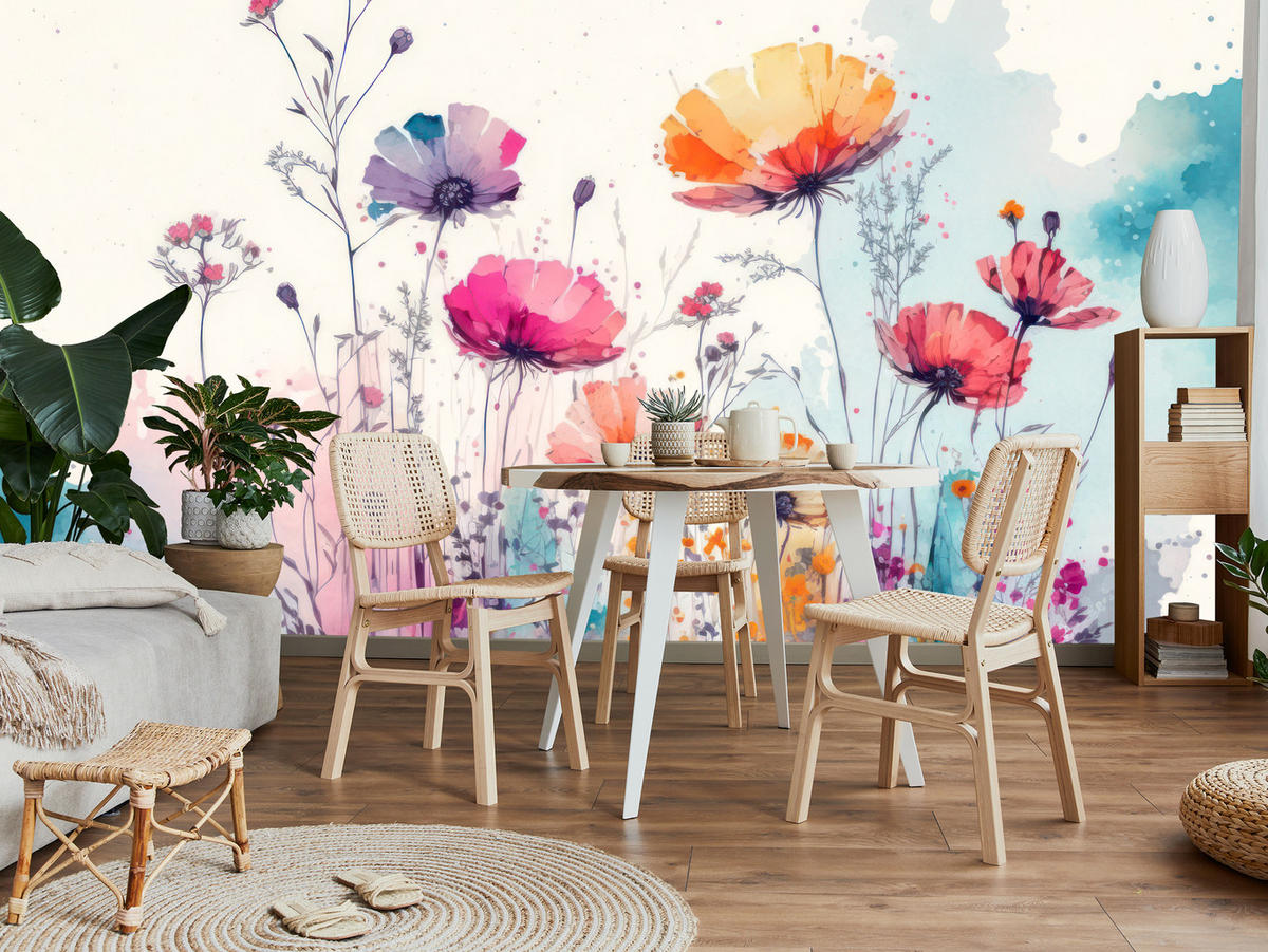 FOTOTAPETE für Schlafzimmer Abstrakte Bunte Wiesenblumen Aquarell 250x175 - Türkis/Rot, Papier (250/175cm) - Muralo